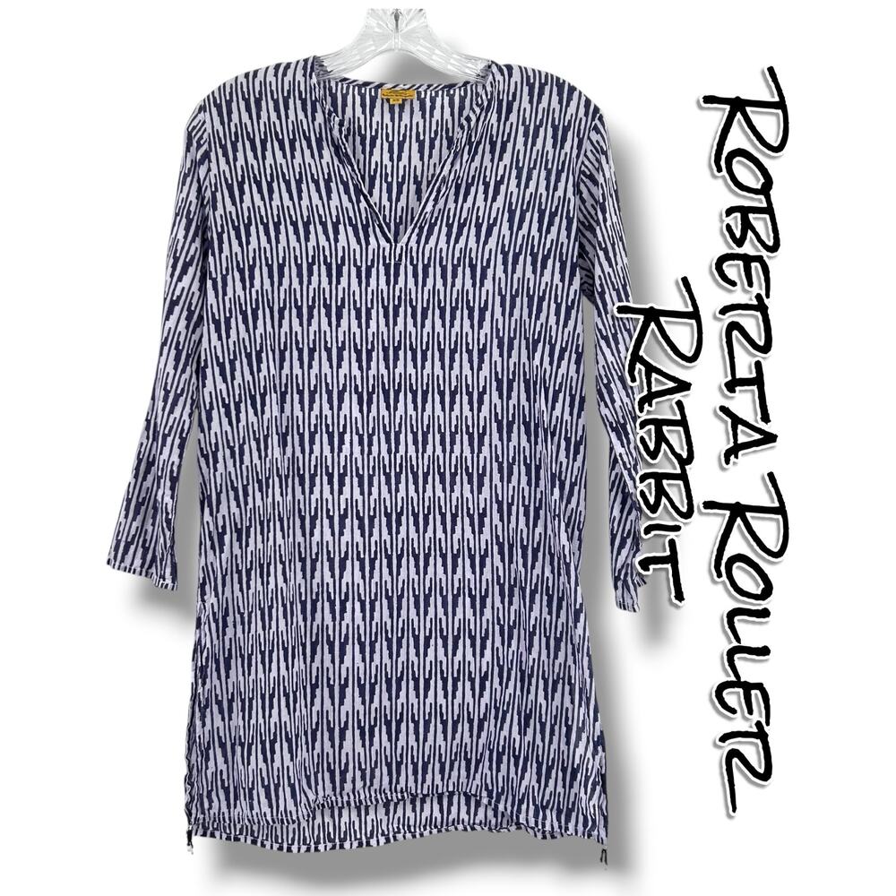 Roberta Roller Rabbit XS Blue White Ikat Cotton Kurta Tunic Lightweight Boho